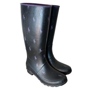 POLO RALPH LAUREN Black Purple Rubber Boots Wellies Rain Boots Size 9.5 *Flaw*